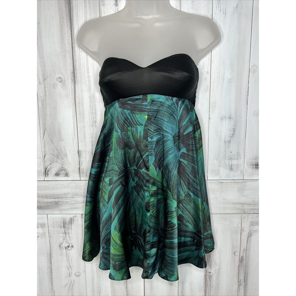 WOMENS BEBE GREEN BLACK ABSTRACT STRAPLESS PADDED CUPS SILK MINI SKATER DRESS XS